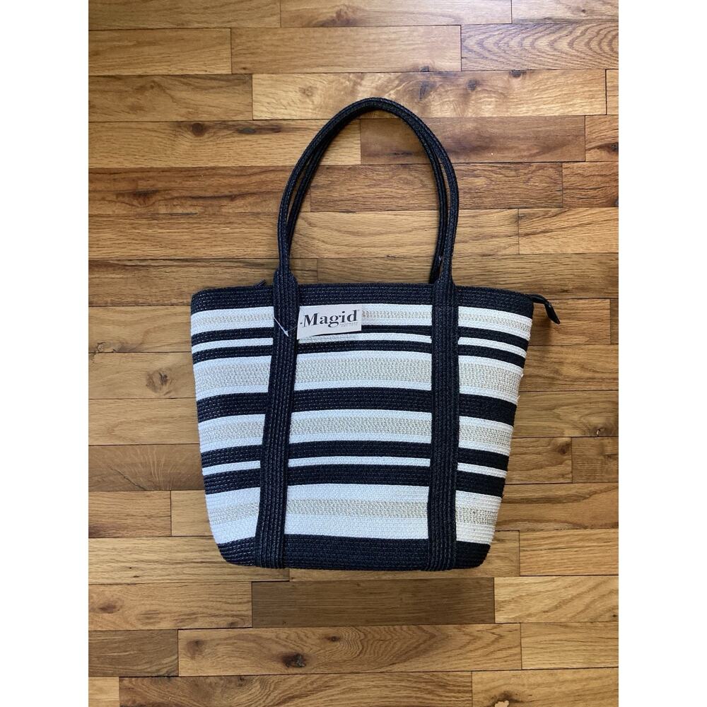 MAGID Natural and Black Straw Weaved Textile Striped Tote NWT Beach Bag Summer